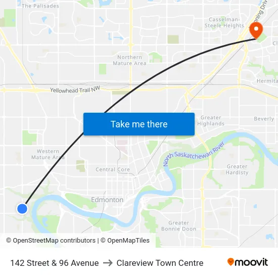 142 Street & 96 Avenue to Clareview Town Centre map