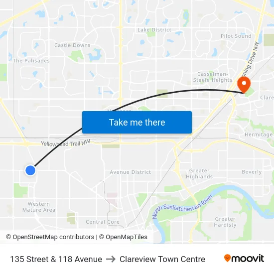 135 Street & 118 Avenue to Clareview Town Centre map