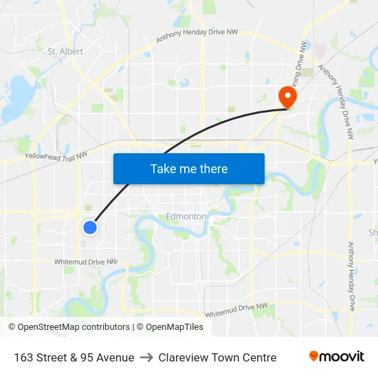 163 Street & 95 Avenue to Clareview Town Centre map
