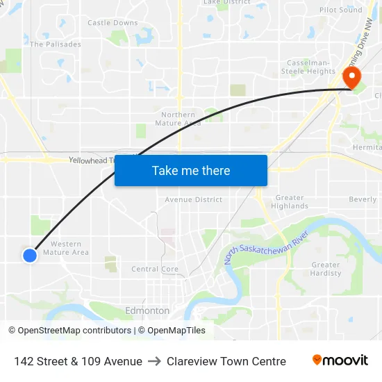 142 Street & 109 Avenue to Clareview Town Centre map