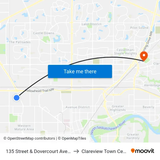 135 Street & Dovercourt Avenue to Clareview Town Centre map
