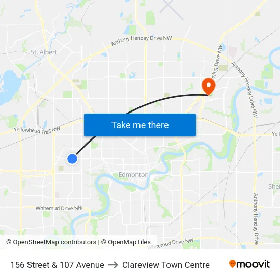 156 Street & 107 Avenue to Clareview Town Centre map