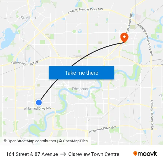164 Street & 87 Avenue to Clareview Town Centre map