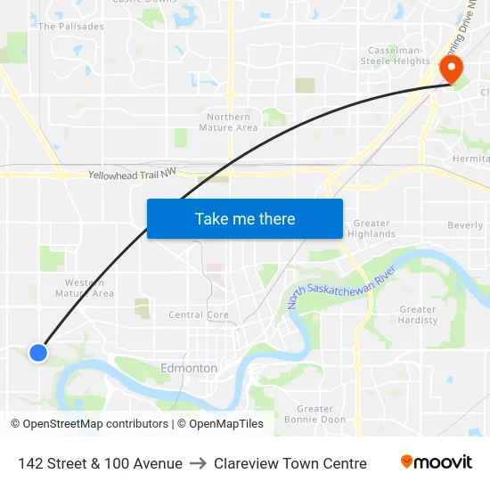 142 Street & 100 Avenue to Clareview Town Centre map