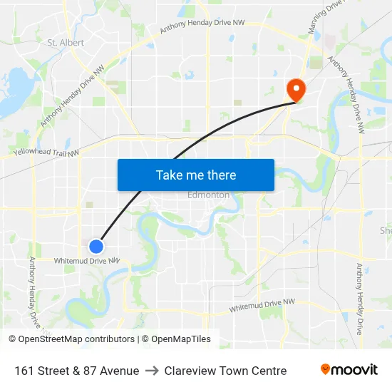 161 Street & 87 Avenue to Clareview Town Centre map