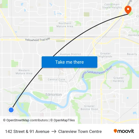 142 Street & 91 Avenue to Clareview Town Centre map