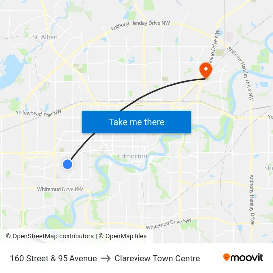 160 Street & 95 Avenue to Clareview Town Centre map