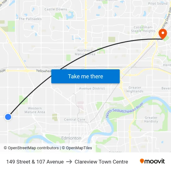 149 Street & 107 Avenue to Clareview Town Centre map