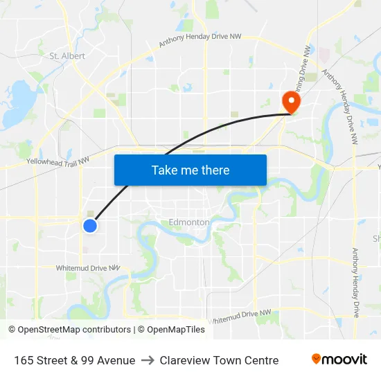 165 Street & 99 Avenue to Clareview Town Centre map
