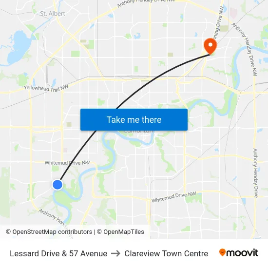 Lessard Drive & 57 Avenue to Clareview Town Centre map