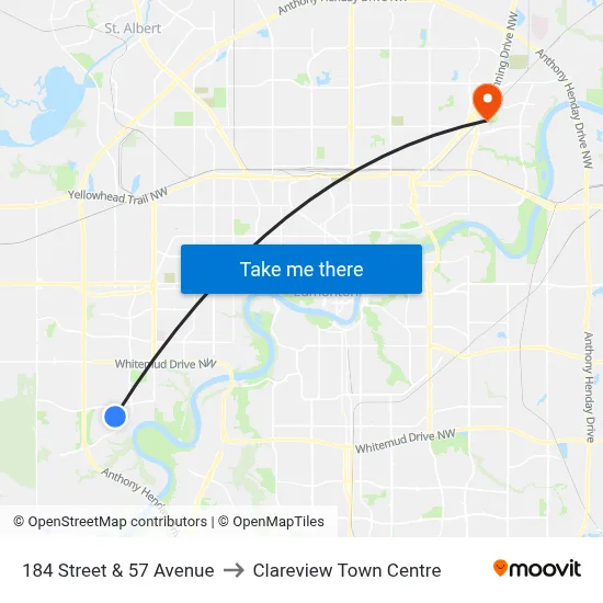 184 Street & 57 Avenue to Clareview Town Centre map