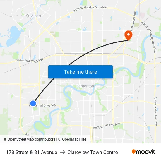 178 Street & 81 Avenue to Clareview Town Centre map