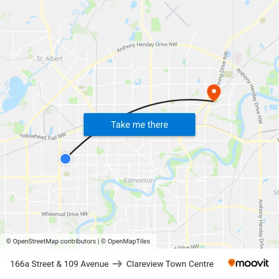 166a Street & 109 Avenue to Clareview Town Centre map