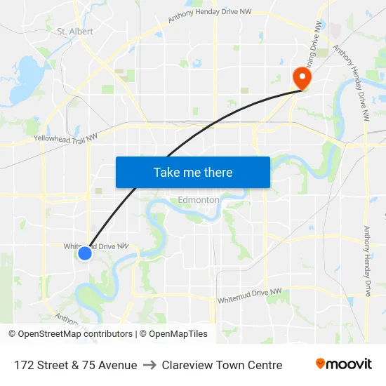 172 Street & 75 Avenue to Clareview Town Centre map