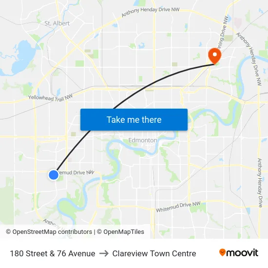 180 Street & 76 Avenue to Clareview Town Centre map