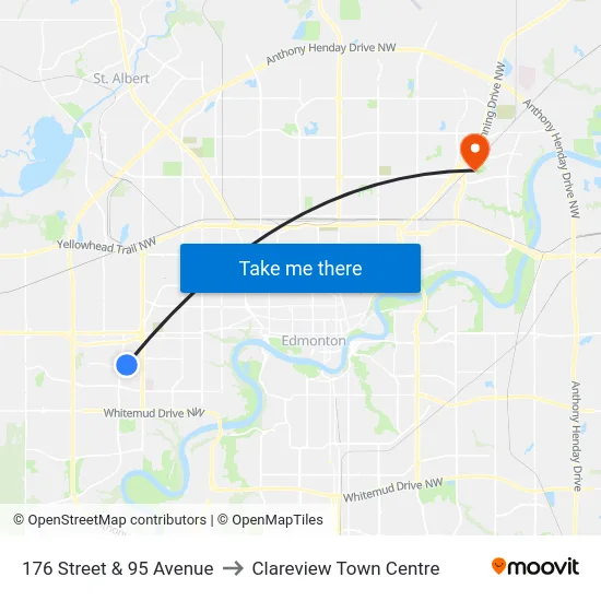 176 Street & 95 Avenue to Clareview Town Centre map