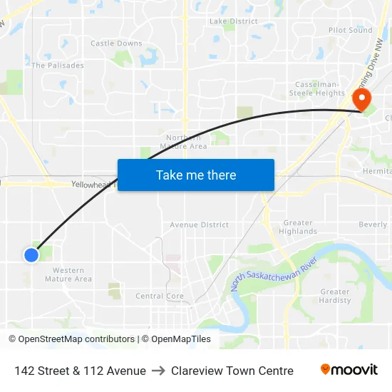 142 Street & 112 Avenue to Clareview Town Centre map