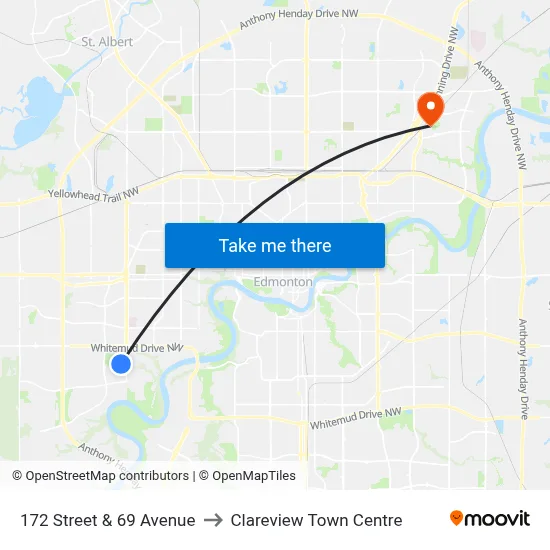 172 Street & 69 Avenue to Clareview Town Centre map