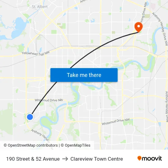 190 Street & 52 Avenue to Clareview Town Centre map