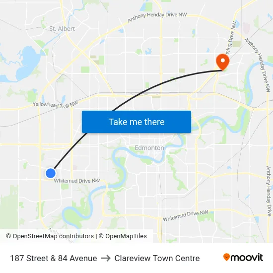 187 Street & 84 Avenue to Clareview Town Centre map