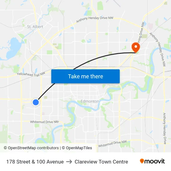 178 Street & 100 Avenue to Clareview Town Centre map