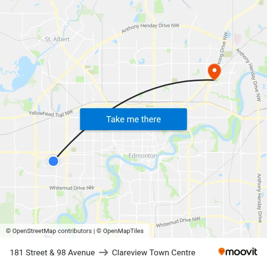 181 Street & 98 Avenue to Clareview Town Centre map