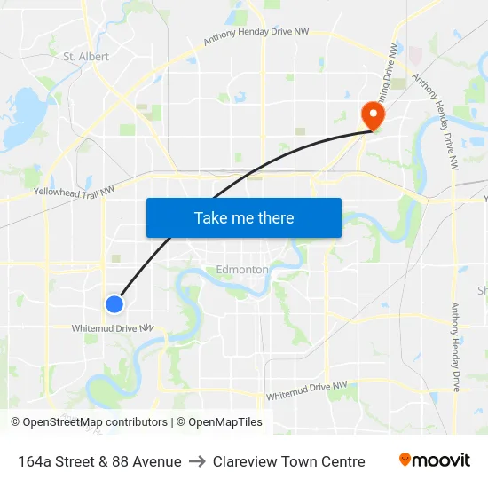 164a Street & 88 Avenue to Clareview Town Centre map