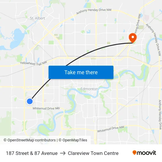 187 Street & 87 Avenue to Clareview Town Centre map