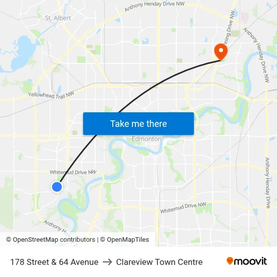 178 Street & 64 Avenue to Clareview Town Centre map