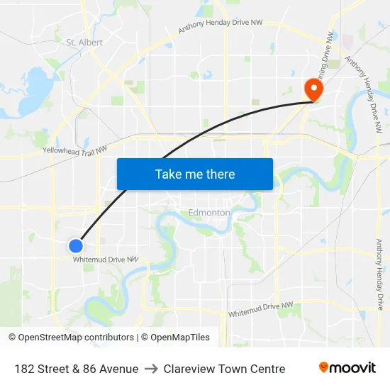 182 Street & 86 Avenue to Clareview Town Centre map