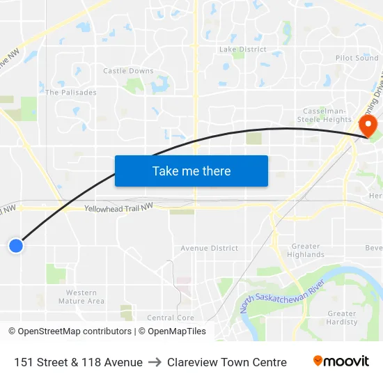151 Street & 118 Avenue to Clareview Town Centre map