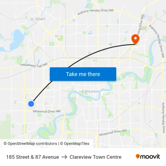 185 Street & 87 Avenue to Clareview Town Centre map