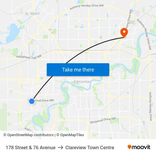 178 Street & 76 Avenue to Clareview Town Centre map