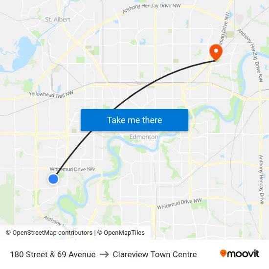 180 Street & 69 Avenue to Clareview Town Centre map