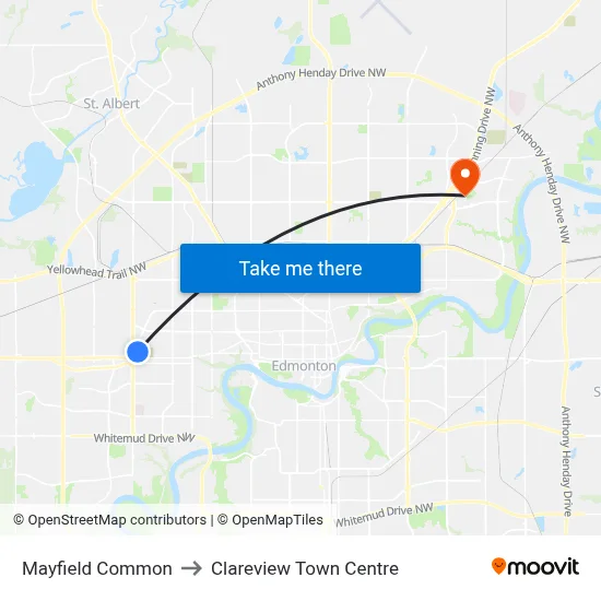 Mayfield Common to Clareview Town Centre map