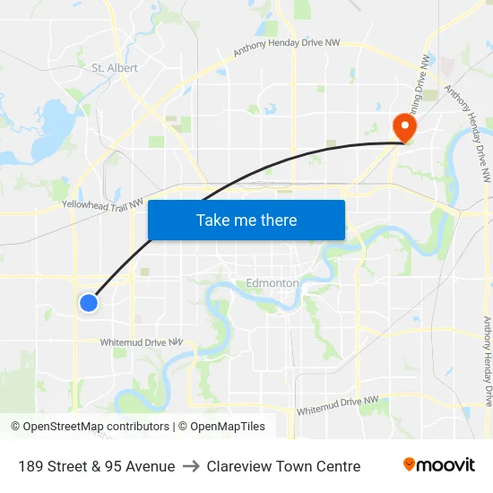 189 Street & 95 Avenue to Clareview Town Centre map
