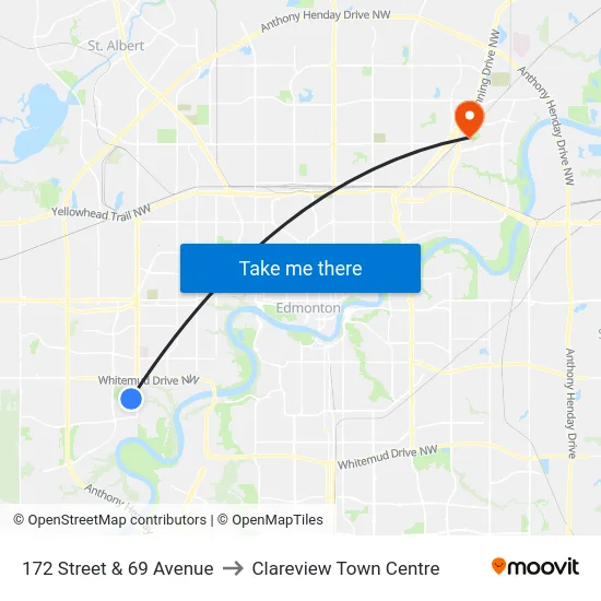 172 Street & 69 Avenue to Clareview Town Centre map