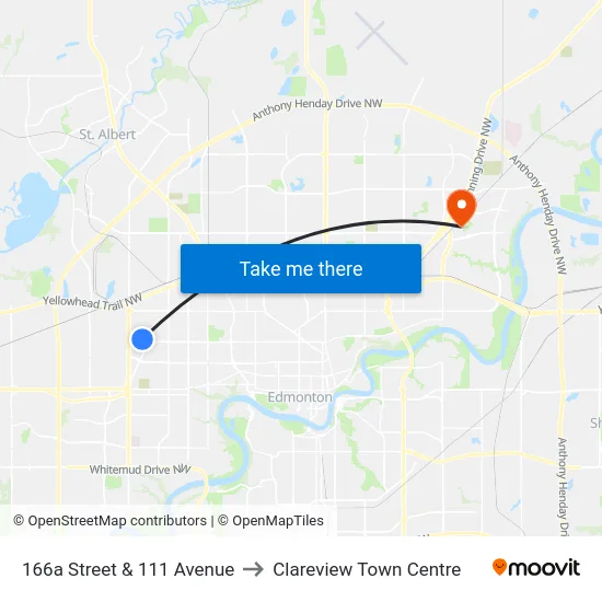 166a Street & 111 Avenue to Clareview Town Centre map