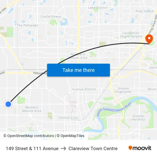 149 Street & 111 Avenue to Clareview Town Centre map