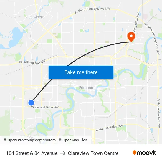 184 Street & 84 Avenue to Clareview Town Centre map