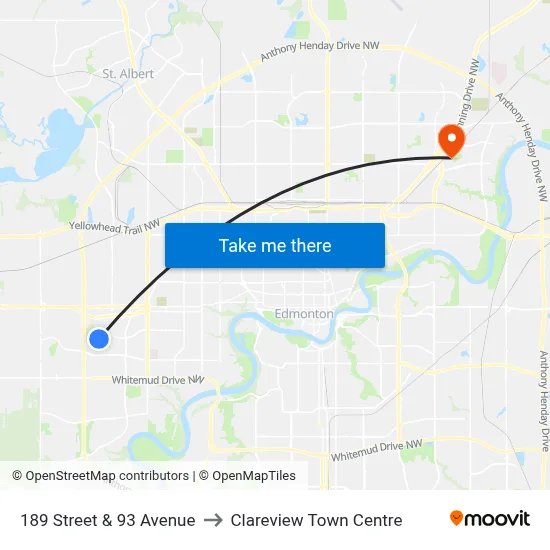 189 Street & 93 Avenue to Clareview Town Centre map