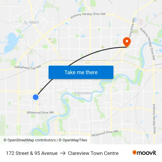 172 Street & 95 Avenue to Clareview Town Centre map