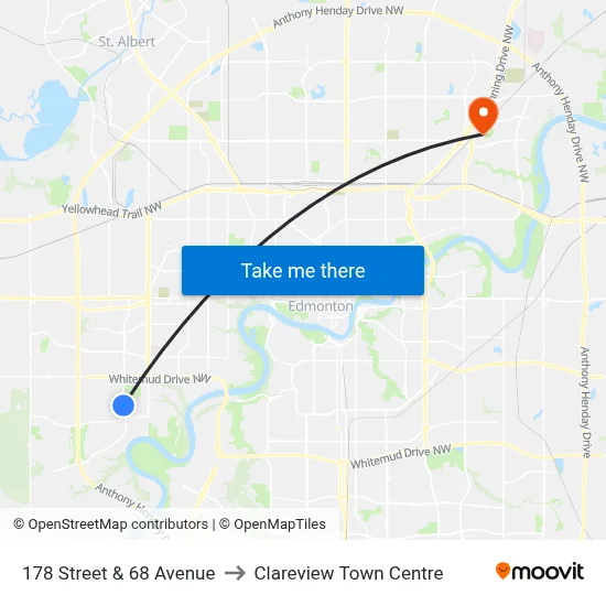 178 Street & 68 Avenue to Clareview Town Centre map