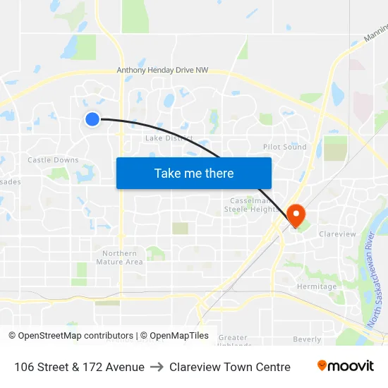 106 Street & 172 Avenue to Clareview Town Centre map