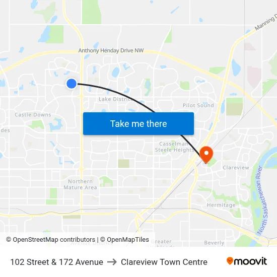 102 Street & 172 Avenue to Clareview Town Centre map
