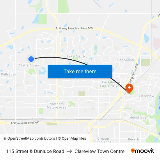 115 Street & Dunluce Road to Clareview Town Centre map