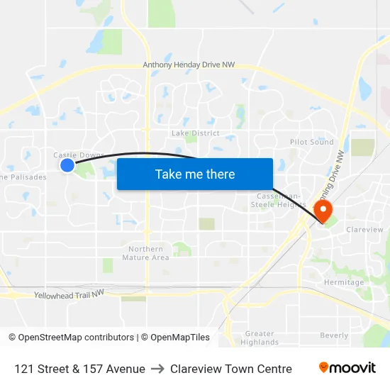 121 Street & 157 Avenue to Clareview Town Centre map