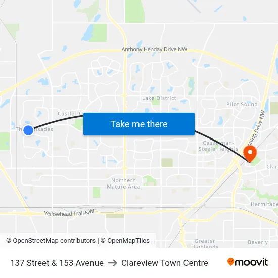 137 Street & 153 Avenue to Clareview Town Centre map