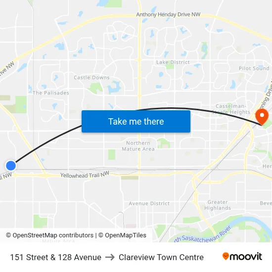 151 Street & 128 Avenue to Clareview Town Centre map