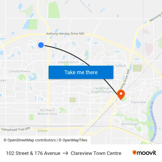 102 Street & 176 Avenue to Clareview Town Centre map